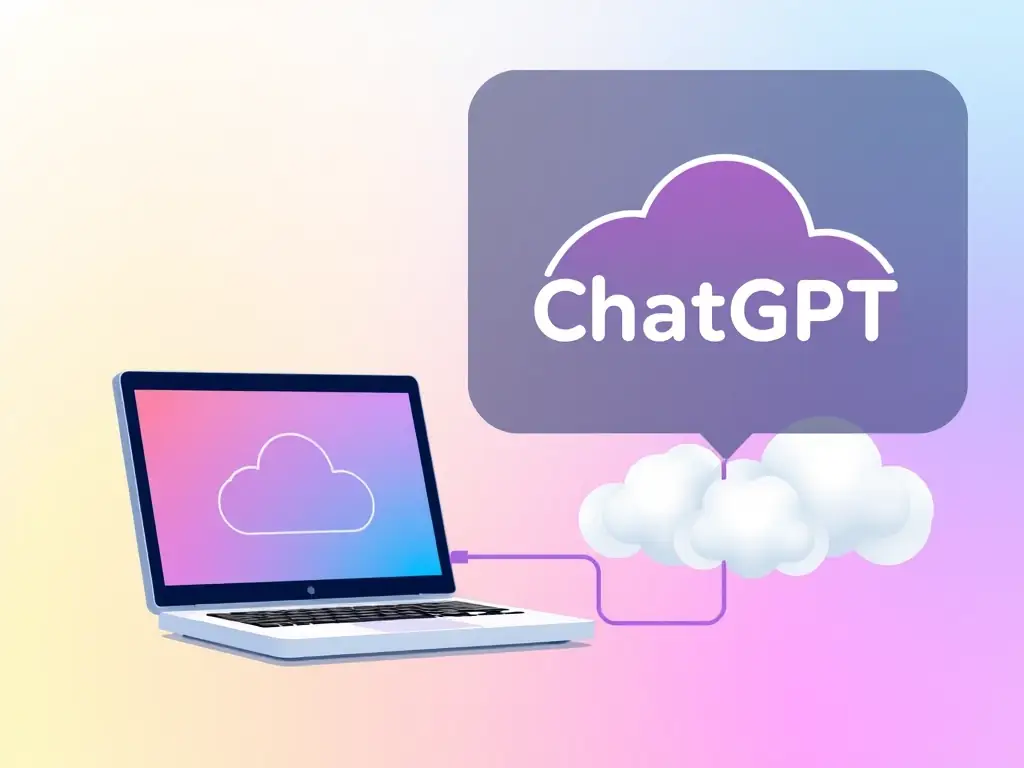 A graphic showing a connection between a local computer and a cloud server with the ChatGPT logo, illustrating the connection to GPT solutions.