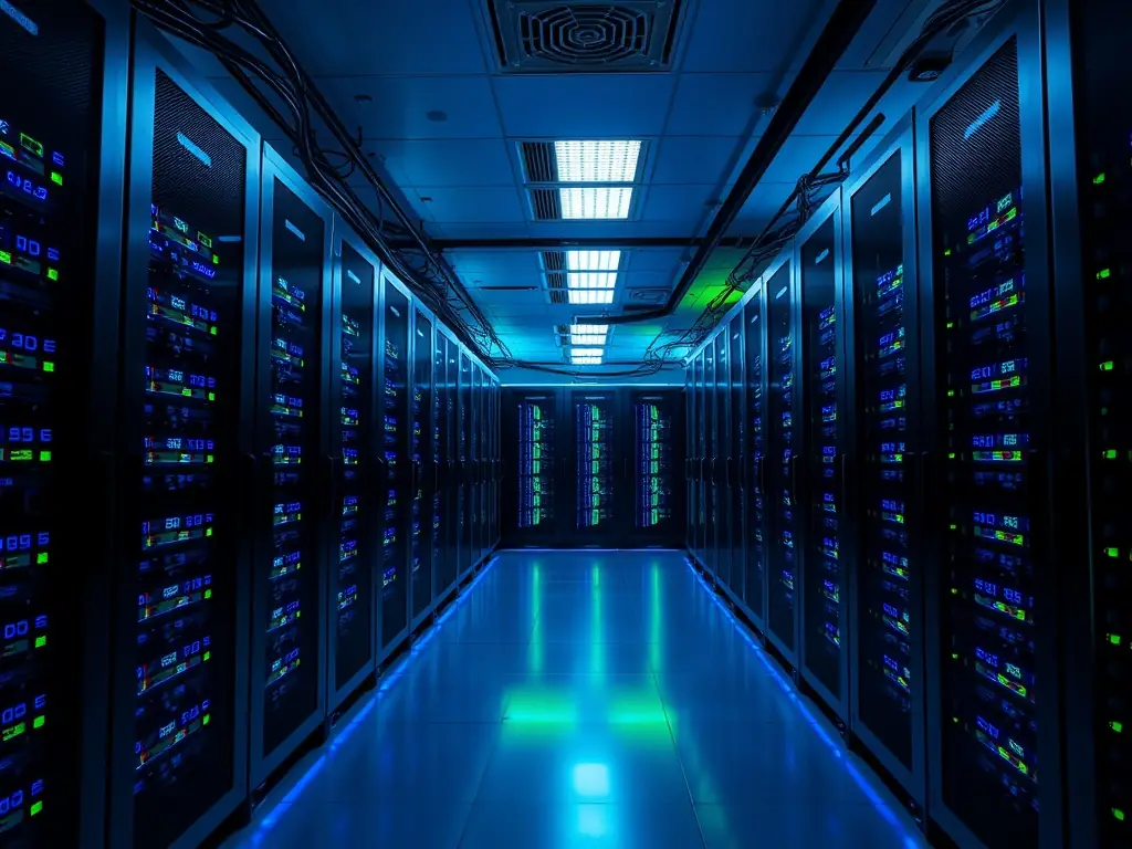 A professional photograph showcasing a server room with blinking lights, symbolizing local data processing and security.